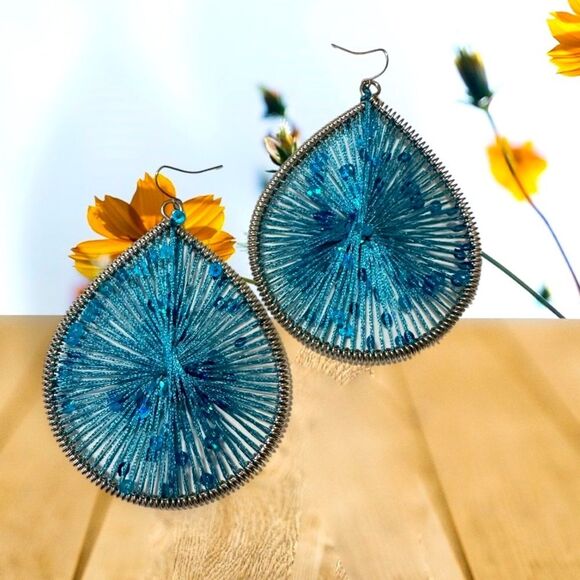 Jewelry - Large Thread Sequins Teardrop Statement Earrings Silver Tone
